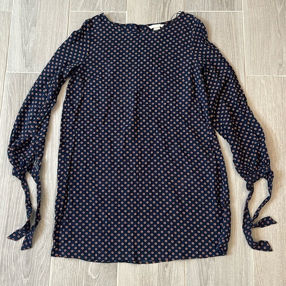 H&M Women’s Shift Navy Blue Patterned Dress With Tie Sleeves Size 10 - Picture 1 of 10